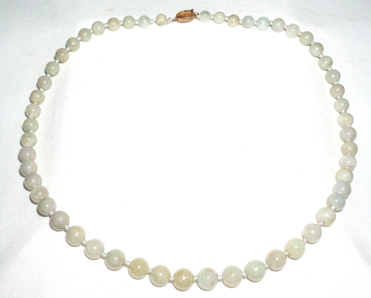 Vintage Chinese Grey Green Jadeite Jade Bead Necklace w. Silver Clasp (---)#2