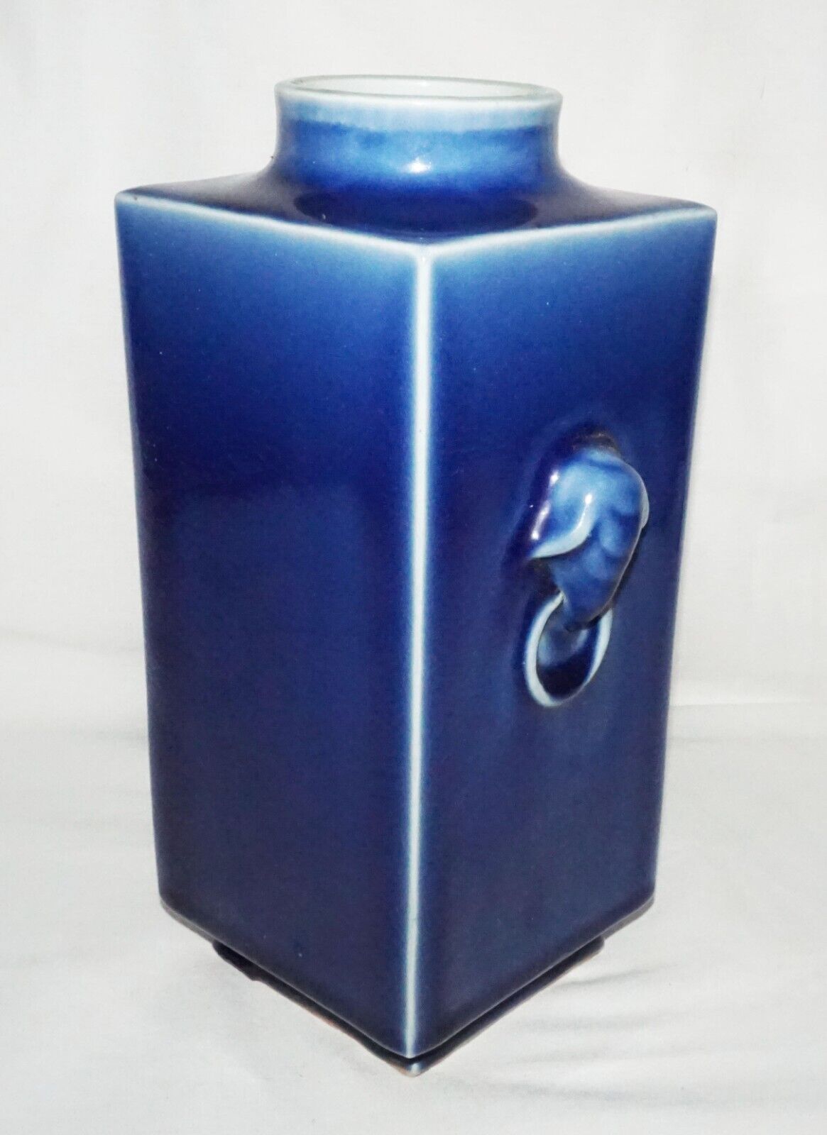 Chinese Blue Glazed Square Cong Form Vase w. Elephant Handles & Reign Mark(LeS)