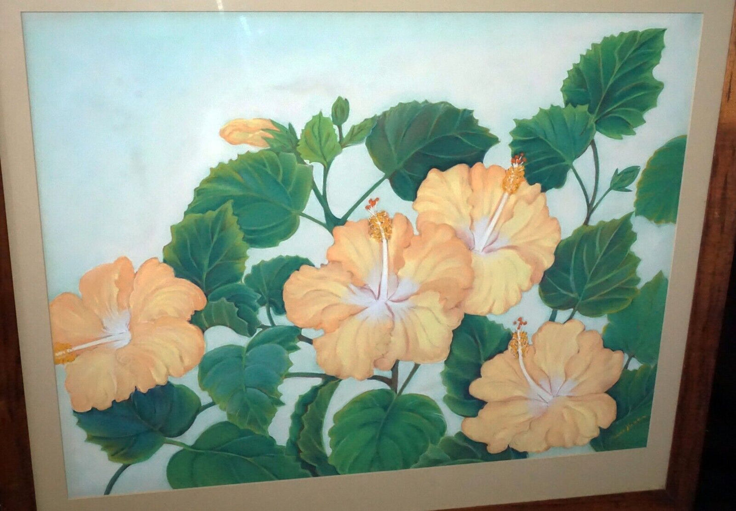 1950s Hawaii Koa Watercolor & Pastel Painting Hibiscus by Maude Horton (New)