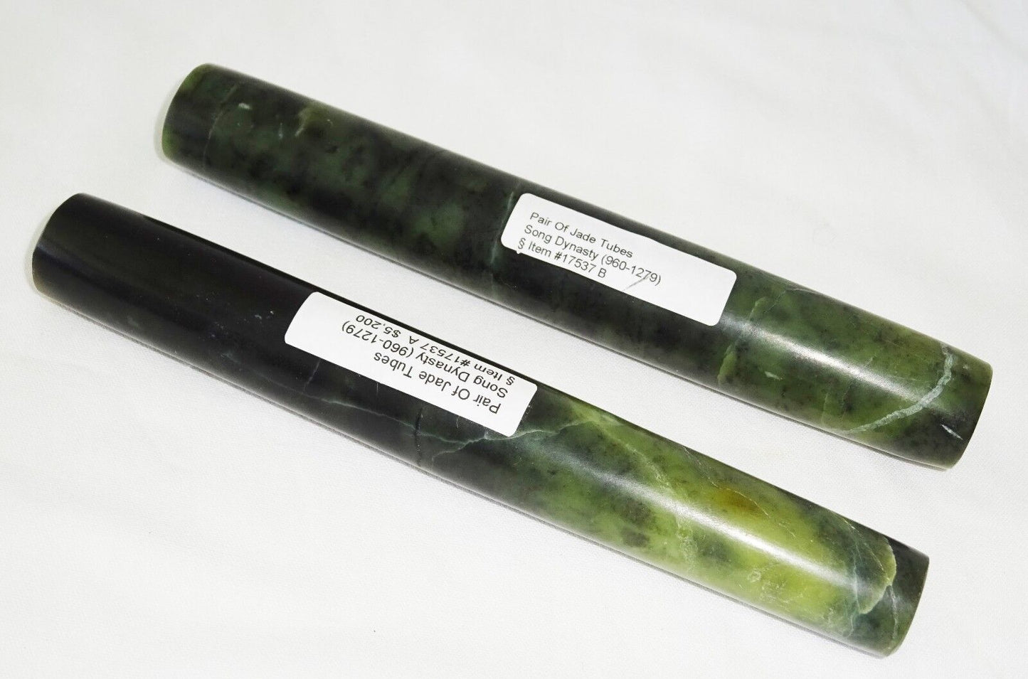 10C Pair Chinese Song Dynasty Large Green Tubular Drilled Jade Beads (Mil)