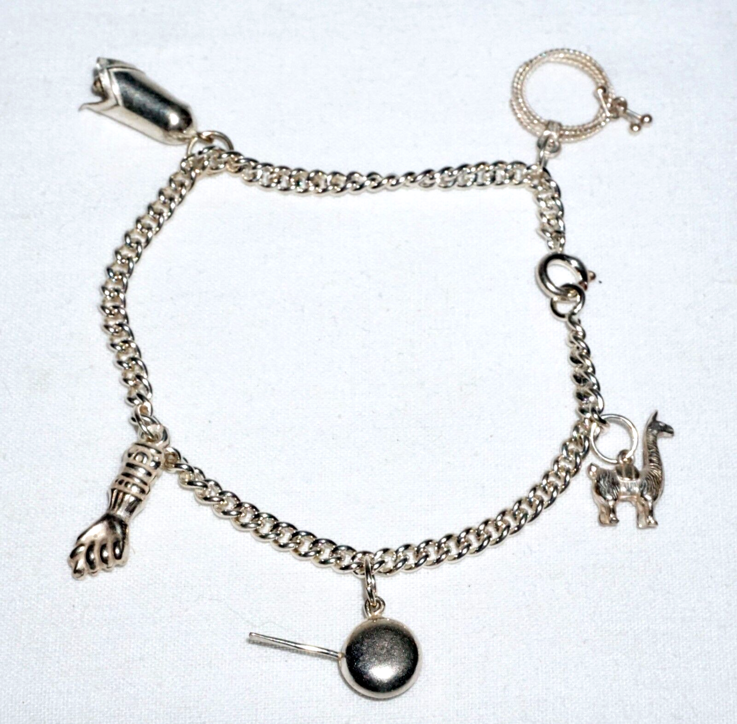 Vintage Unmarked Silver Charm Bracelet w. 5x Charms Lama Bell Oil Can (BrM)#6