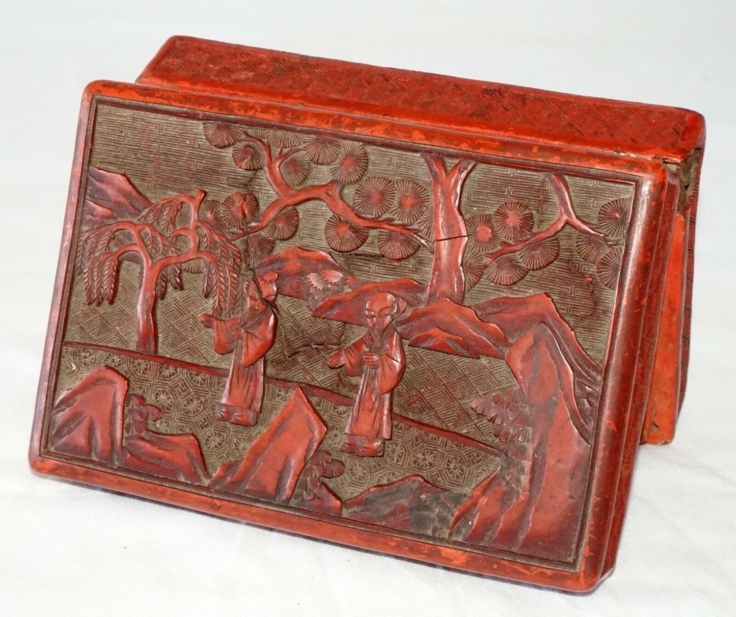 Antique Chinese Real Cinnabar Covered Box w. Scholars in a Garden Motif (DaC)