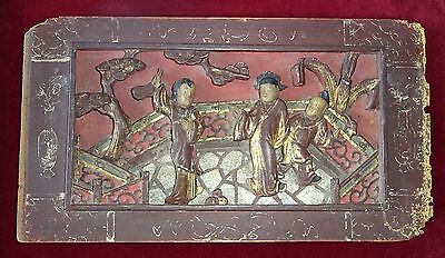 2x 19CT Chinese Framed Carved Red Panels of Scenes w. Figures in Gilt (Gem)