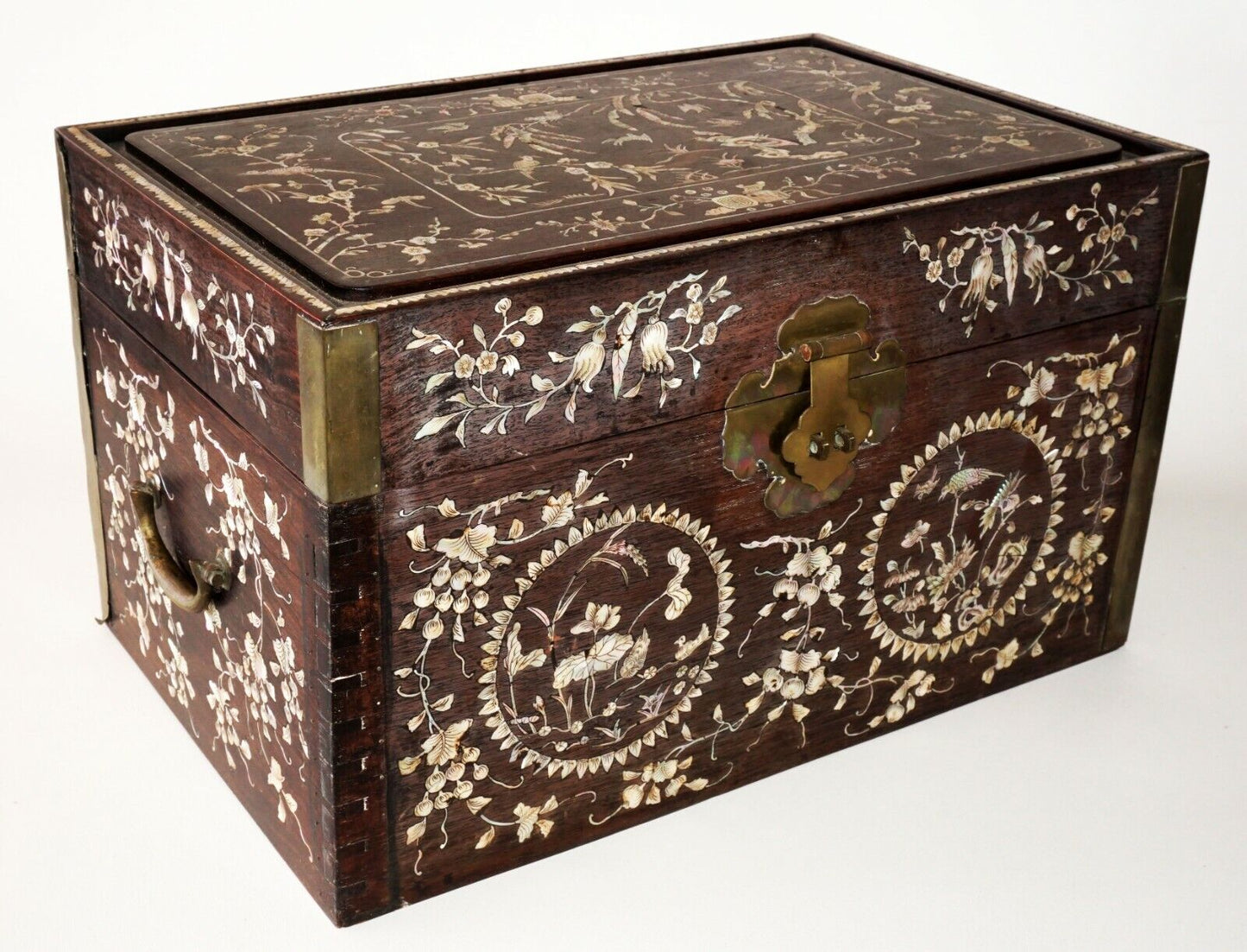 Chinese Large Hardwood Storage Chest w. MoP Inlay Birds & Flower Motifs (RiS)