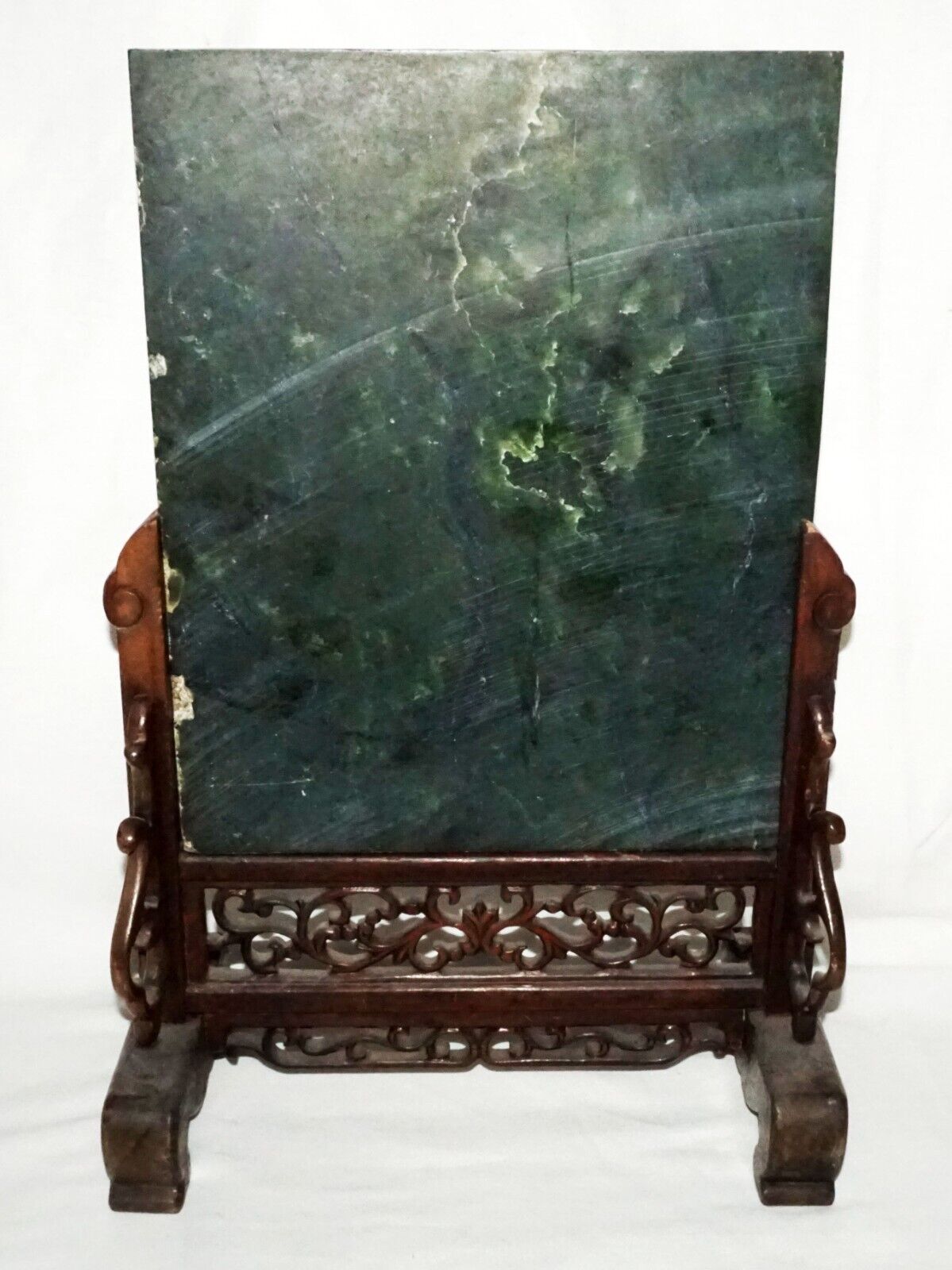 Vintage Chinese Nephrite Jade Table Screen w. Relief Writhing Dragon Stand (LeD)