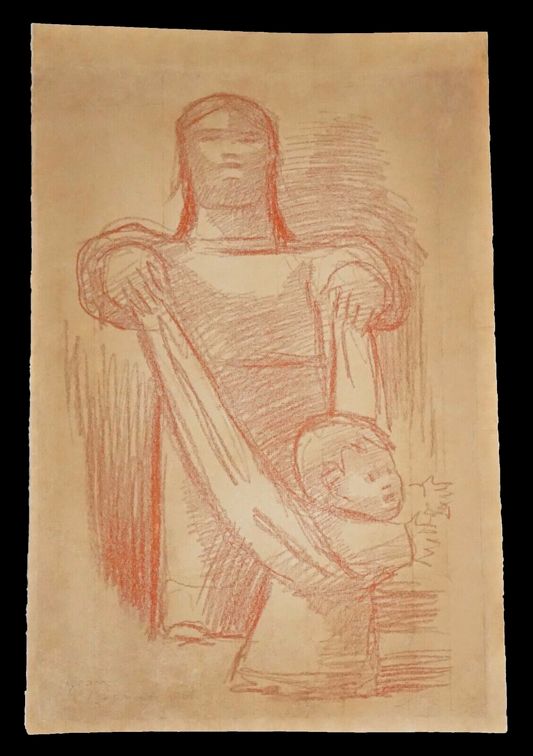 1960s Hawaii Conte Drawing Mother & Child by Jean Charlot (1898-1979)(TeJ)