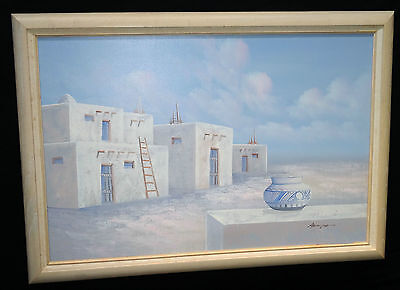 1980s SOUTH WESTERN OIL PAINTING "ADOBE PUEBLO" by JOSE ARICOPA (***)