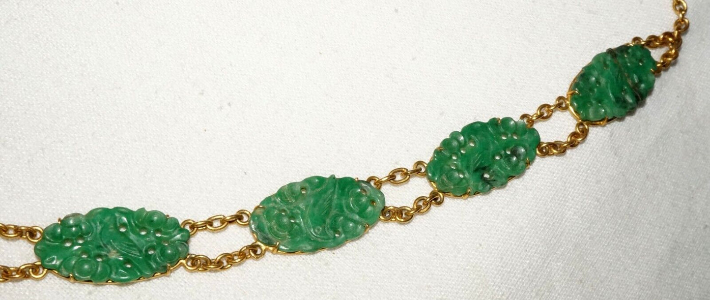 Vtg Chinese 10K Yellow Gold Necklace w. 9x Pierced Floral Jade Plaques (InS)L5