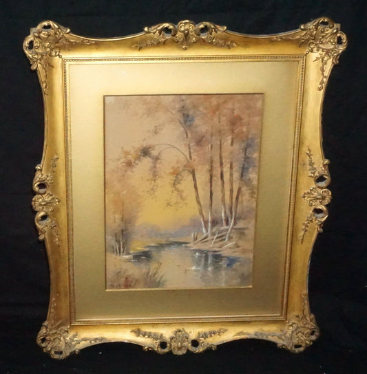 Vintage Serene Woodland Landscape Watercolor by Elbridge J Fenn (LeD)