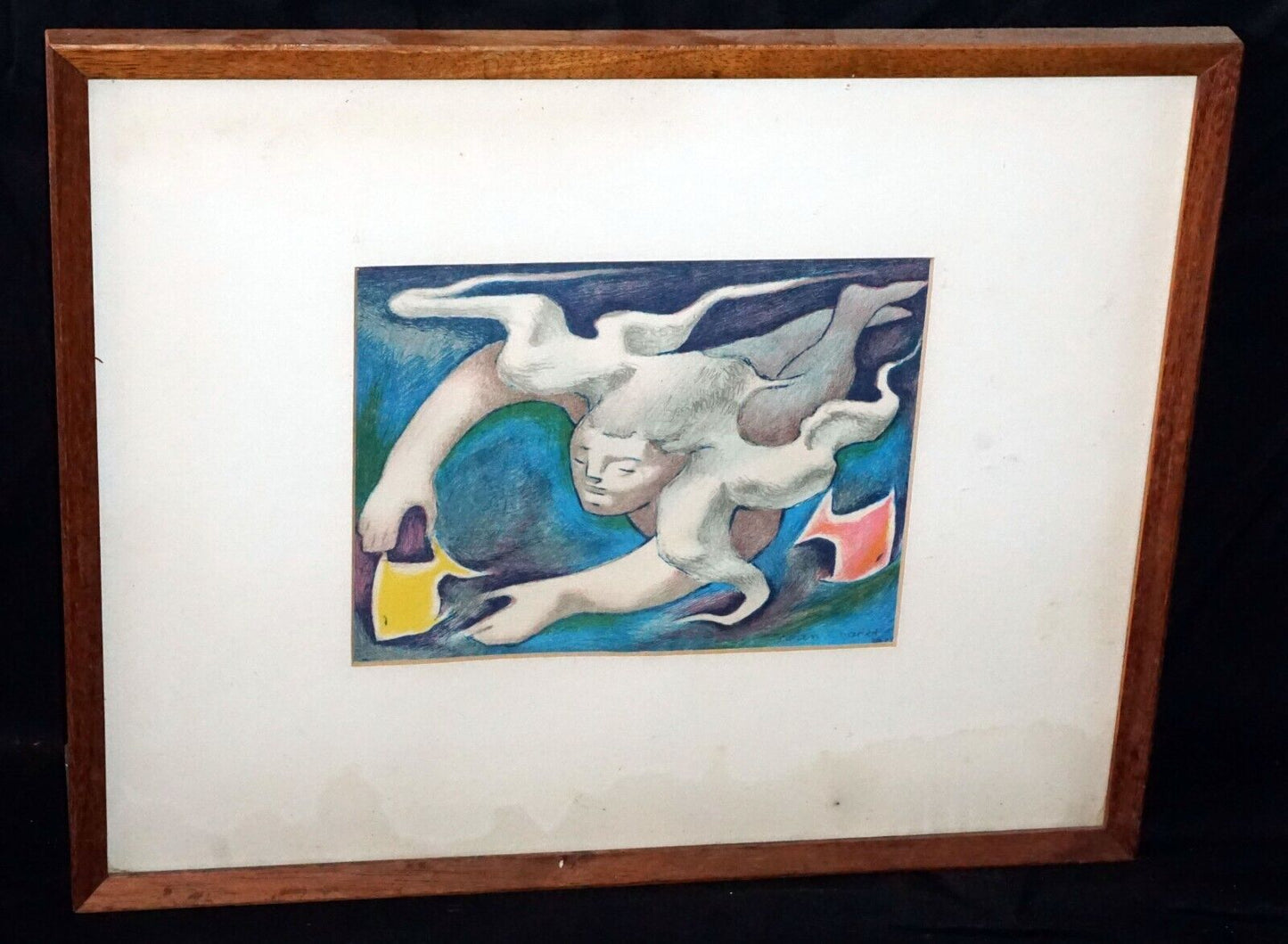 '72 Hawaii Framed Block Print Hawaiian Swimmer by Jean Charlot (1898-1979)(KiB)