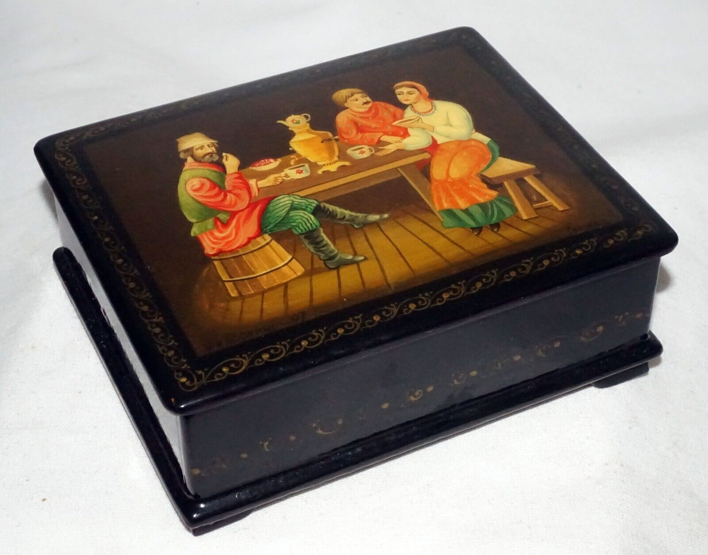 Vintage Russian Lacquer Box Three Figures Seated Around a Table signed (AHB)