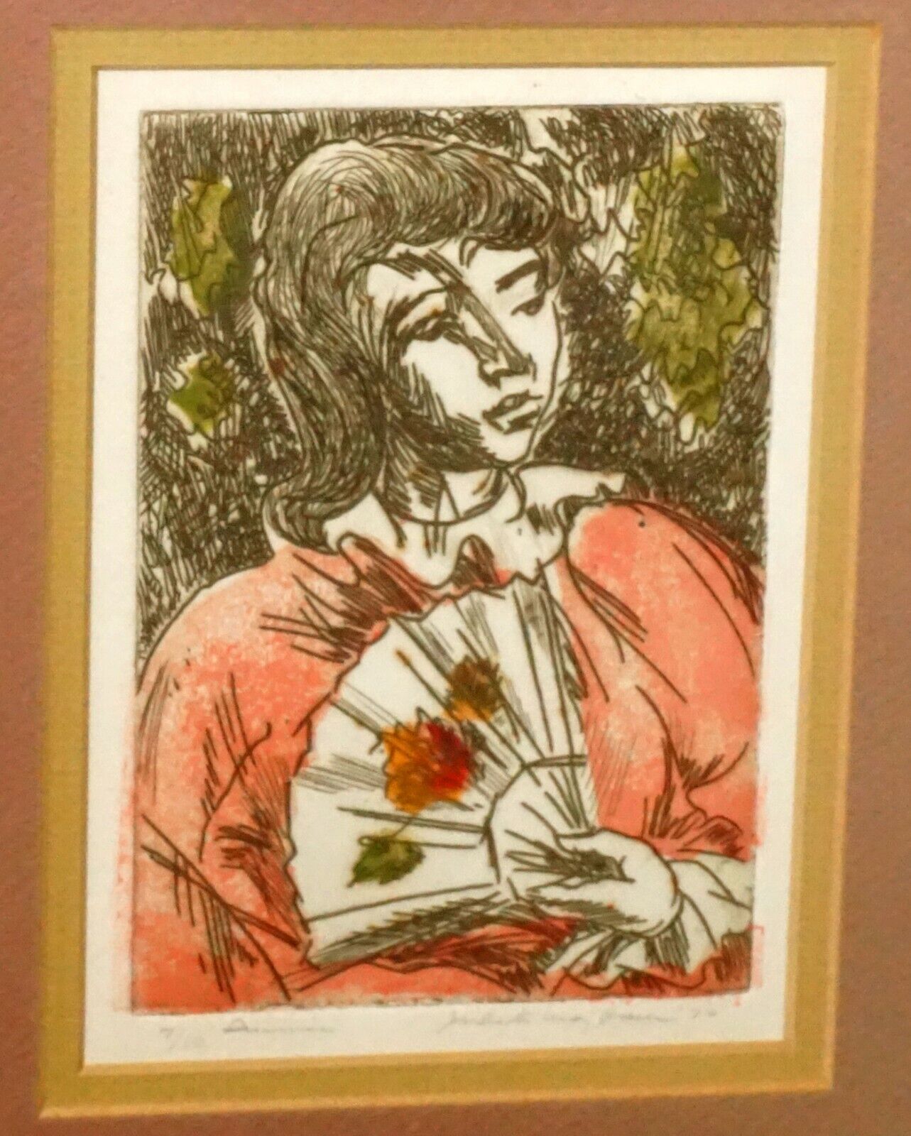 '70s Hawaii Color Etching Print Summer Girl w. Fan by Juliette May Fraser (MaM)