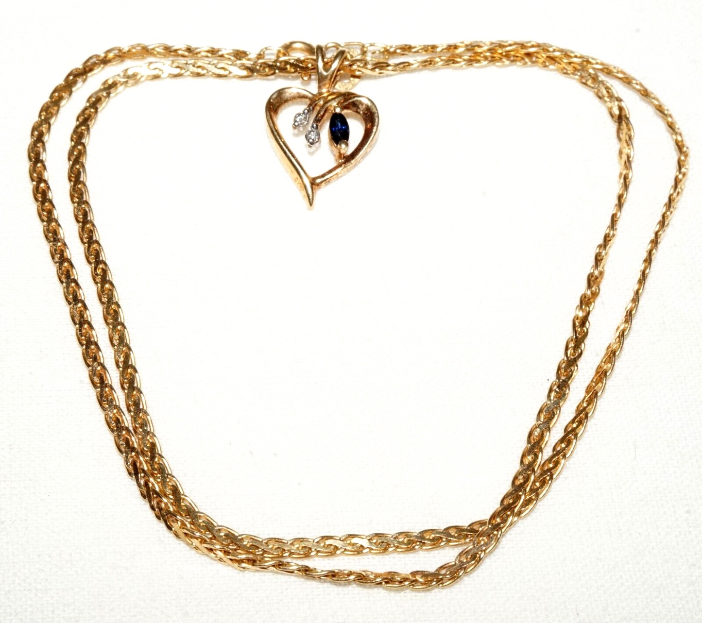 Vintage 14k Gold Necklace w. 14k Heart Pendant w. Diamonds & Sapphires (FeD *#14