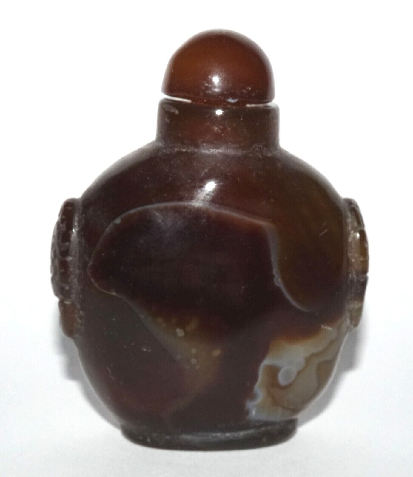 Vintage Chinese Brown & White Agate Carved Snuff Bottle w Mask Handles (LeS) G12