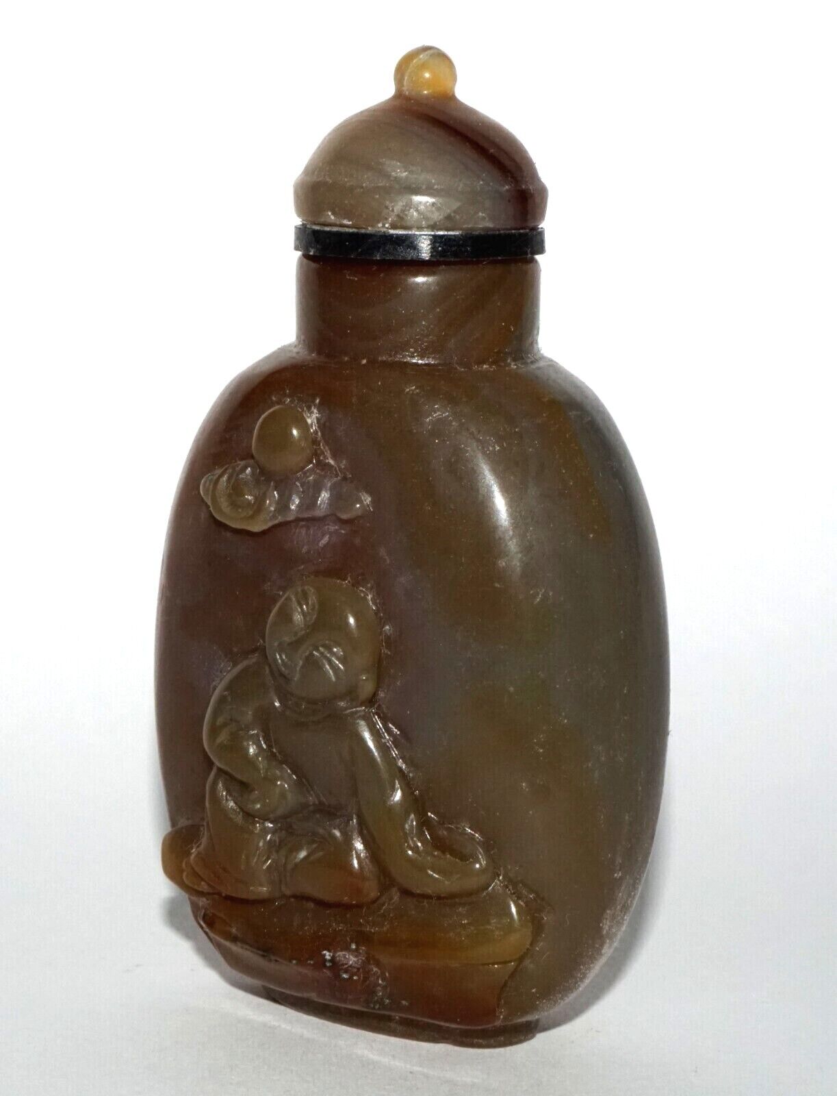 Vintage Chinese Agate Carved Snuff Bottle w Boy in Garden Relief Motif (LeS) G12