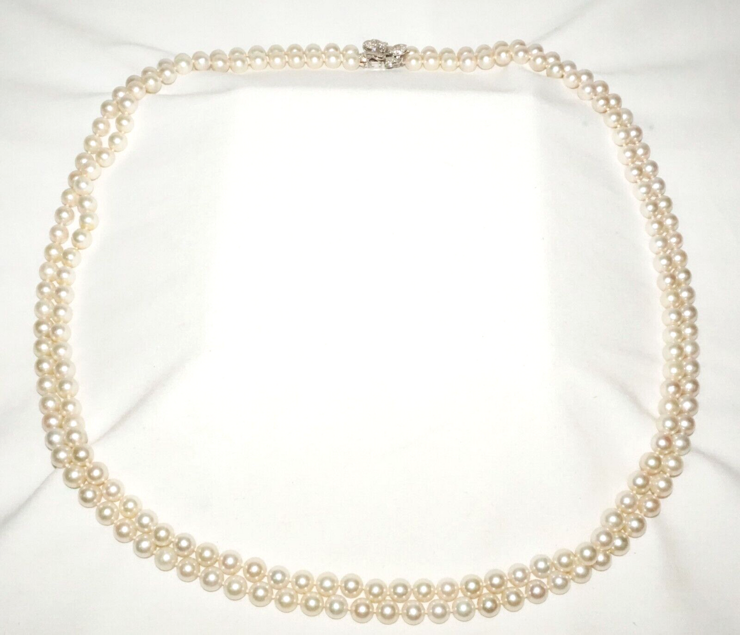 Vtg. Double Strand Pearl Necklace w. 14k W. Gold 93x Diamond Flower Clasp (LeD)