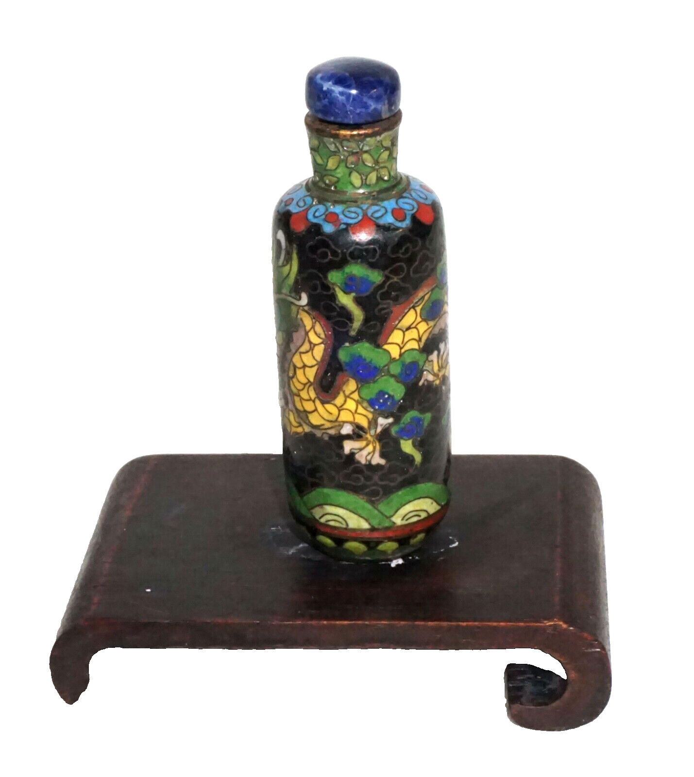 Vintage Chinese Cloisonné Snuff Bottle Writing Dragon Motif w. Sodalite (Kai)