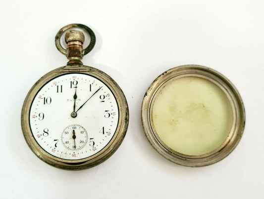 1911 US Silver Plated Open Face Hinged Back Mens Pocket Watch by Elgin (AHB)