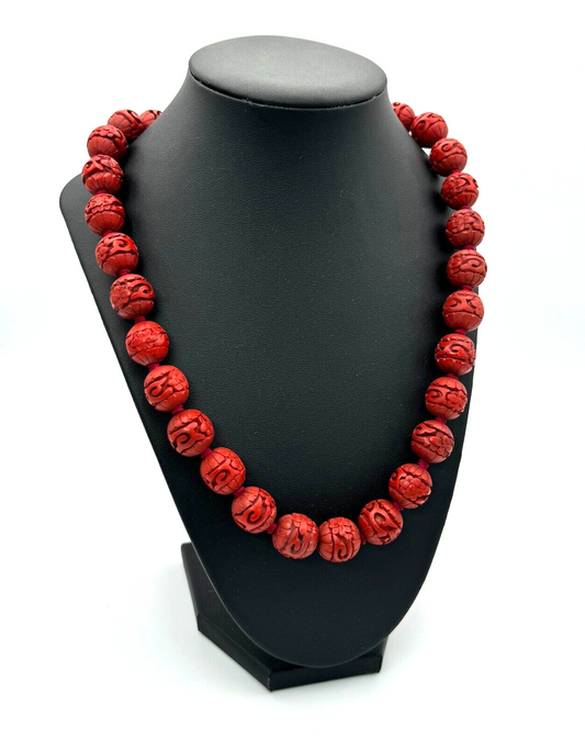 Vintage Chinese Hand-Carved Cinnabar Red Bead Necklace w Sterling Clasp (MiM)