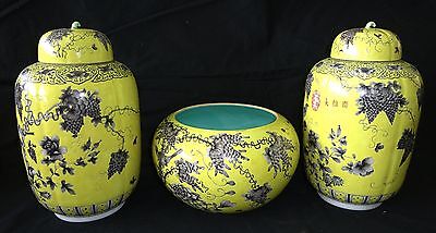 3PC Chinese Grisaille Decorated Yellow Ground Dayazhai Jars & Bowl (Geo) IC