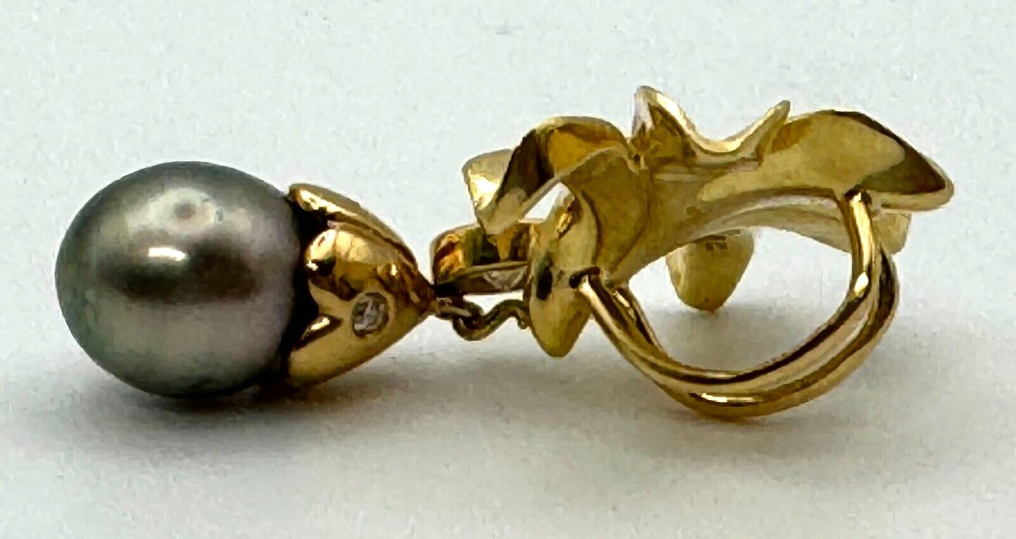 Vintage 14k Yellow Gold Floral Pendant w Diamond & Black Pearl Accents (KnK)