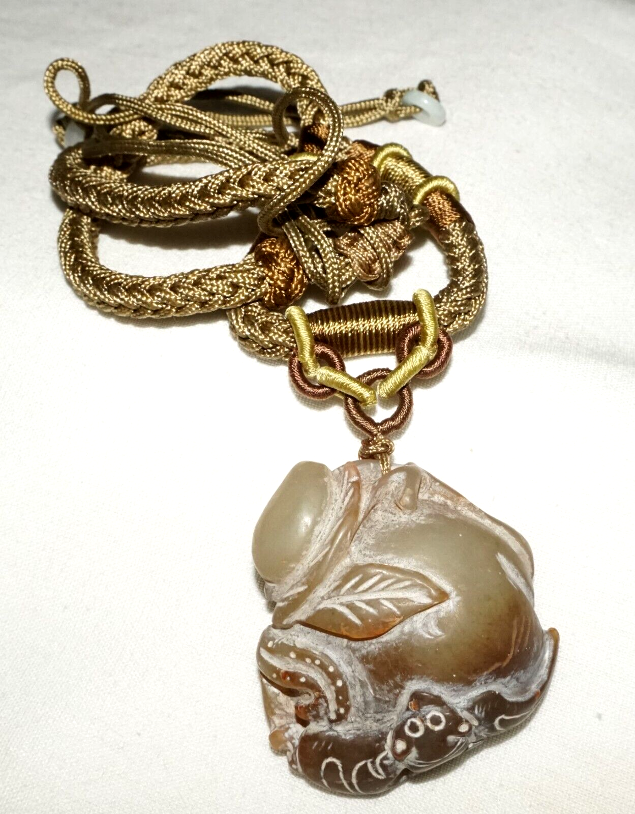 Vintage Chinese Soapstone Carving w Bat on Peach Motif & Cord Necklace (LeS)L20