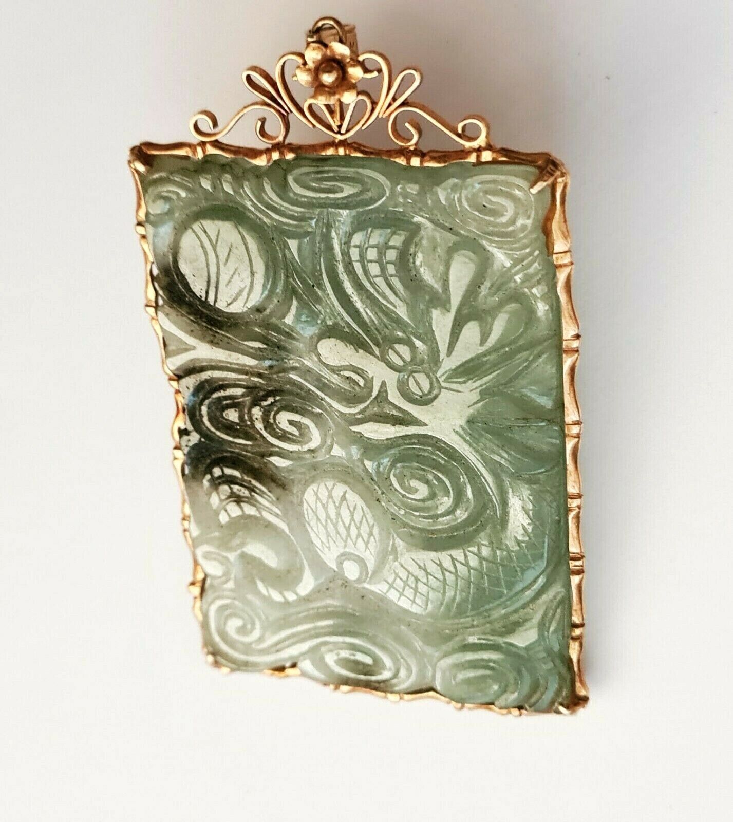 Vintage Chinese 14k Yellow Gold Jade Plaque Pendant w. Dragon Motif (GoH)#7a