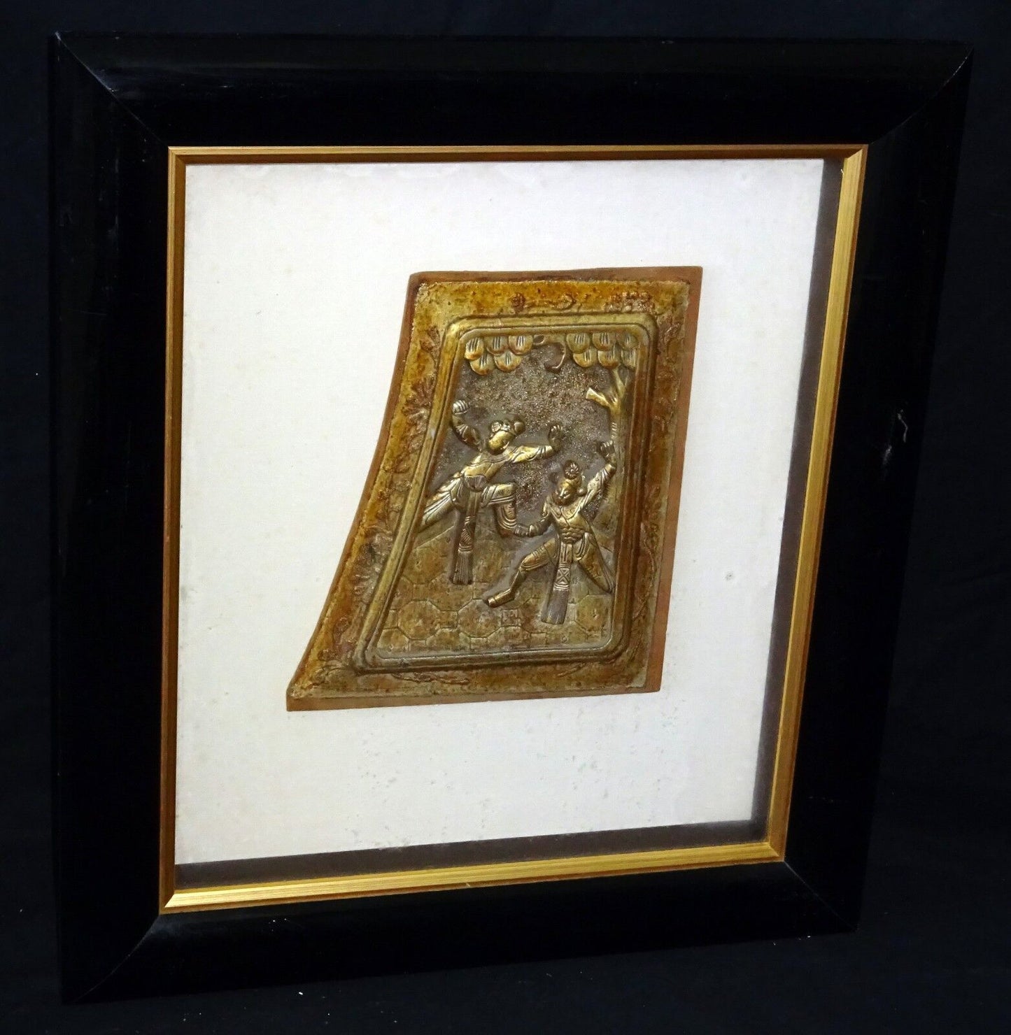 19C Chinese Framed Wooden Carving of "Two Figures Beneath a Tree" (***)