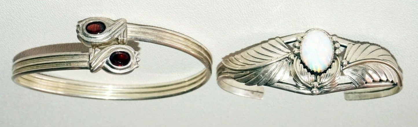 2Pc Sterling Silver Bracelet Lot w. 2x Garnets & 1x White Opal by VV (SaR)#176