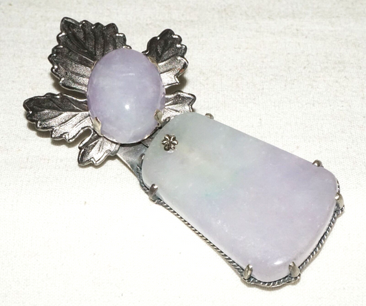 Vintage Chinese Fashion Brooch Pendant w. 2x Lavender Jade Accents (LeP)