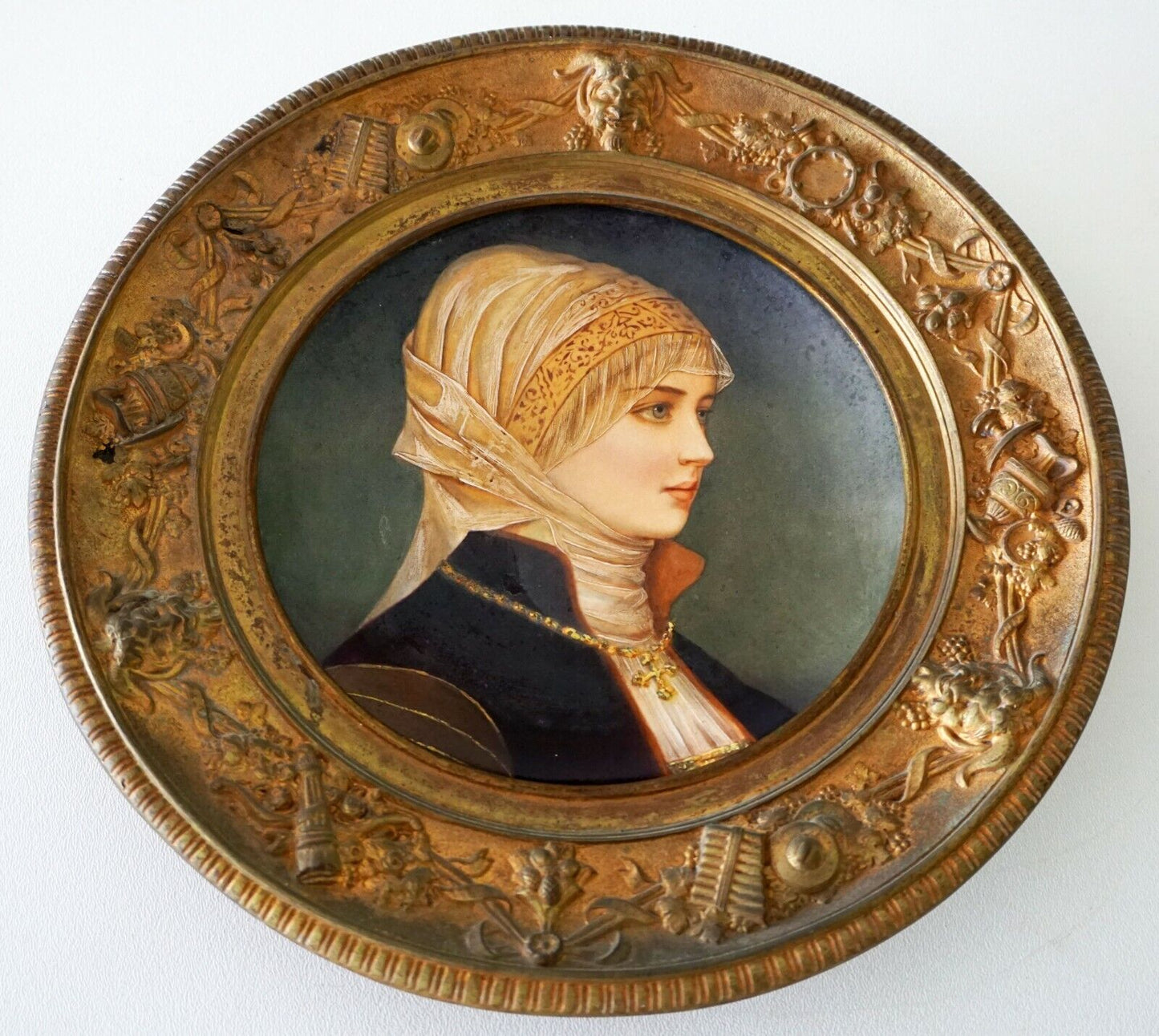 Continental Porcelain & Enamel Female Portrait Painting Gilt Bronze Frame (RiS)