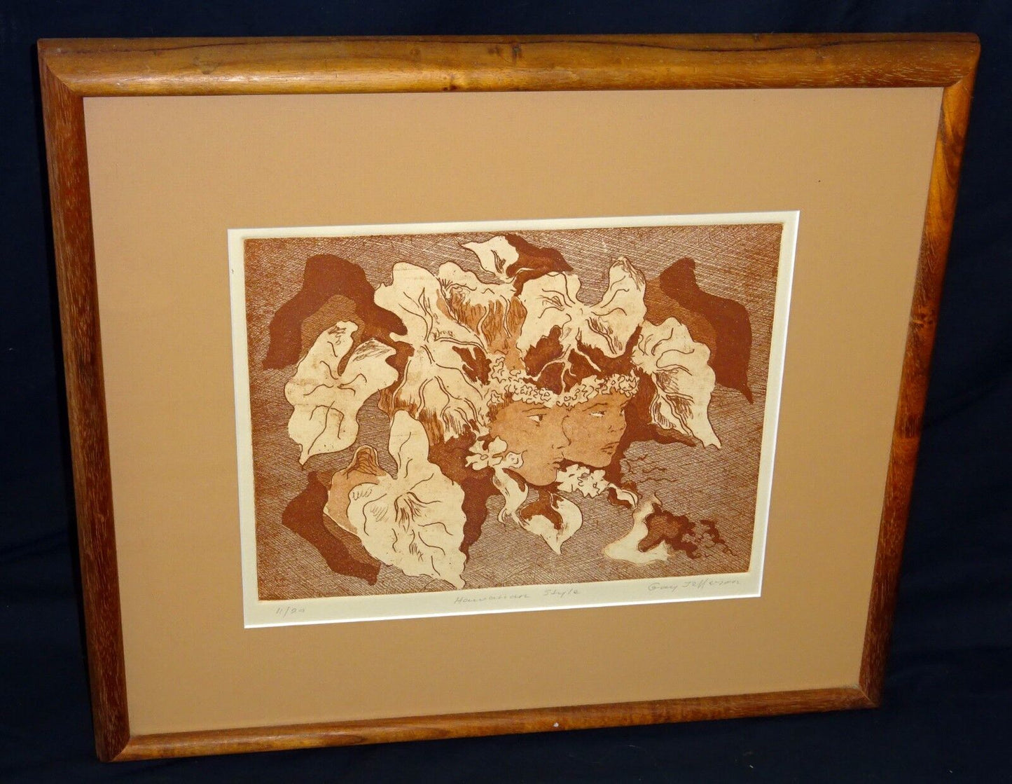 '80s Hawaii Sepia Etching Print 11/20 "Hawaiian Style" by Gay Jefferson (Wil)