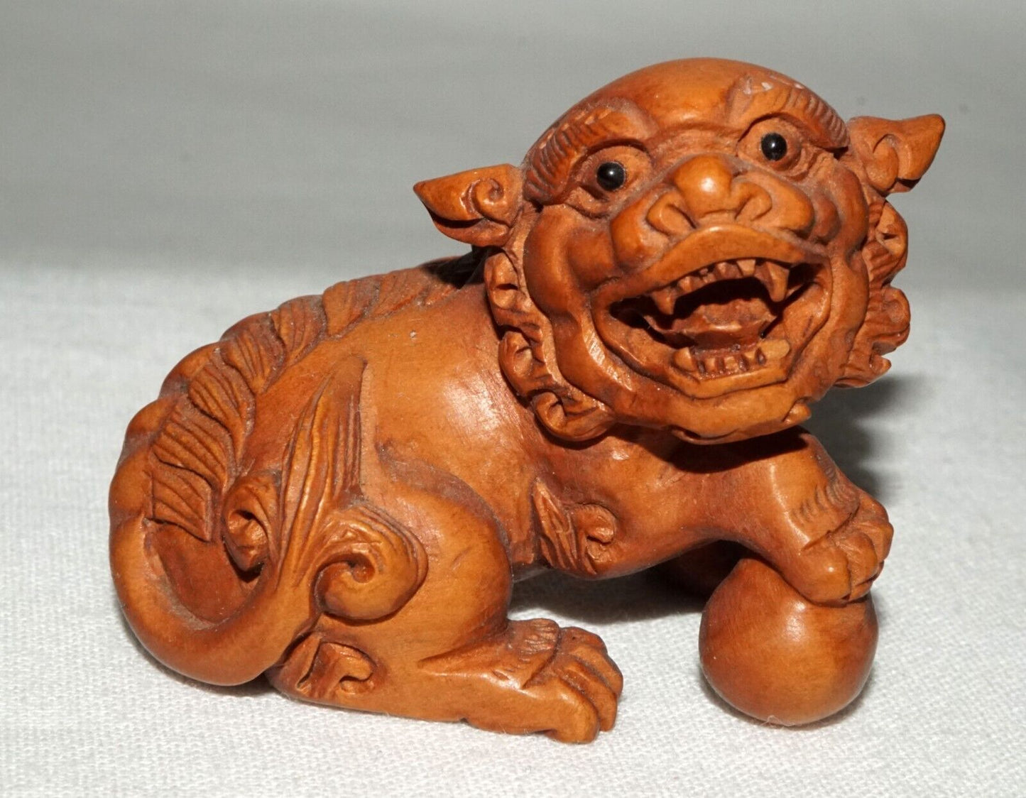 Vintage Japanese Wooden Carved Netsukes Lion Dog w. Ball Motif Signed (FeH