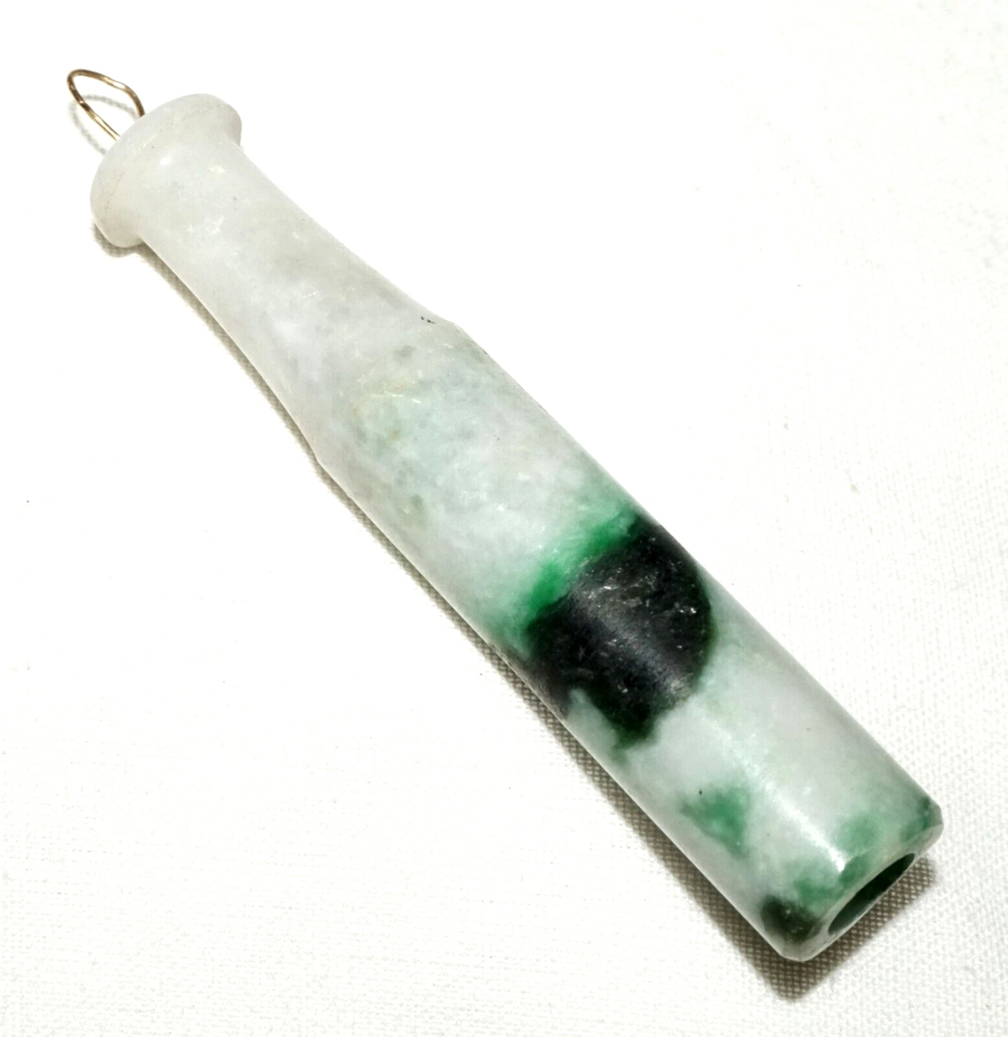 Vintage Chinese White & Emerald Jade Carved Cigarette Holder Pendant (LeS)L24