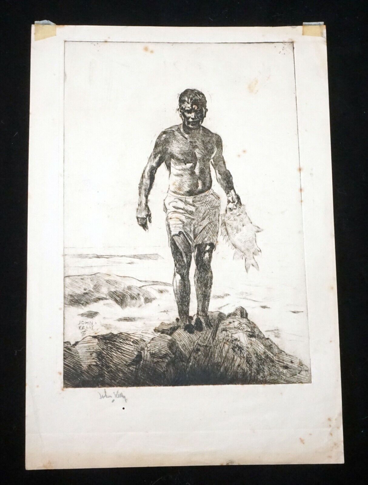 1928 Hawaii Etching Print Fisherman by John Melville Kelly (1879-1962)(Kel)