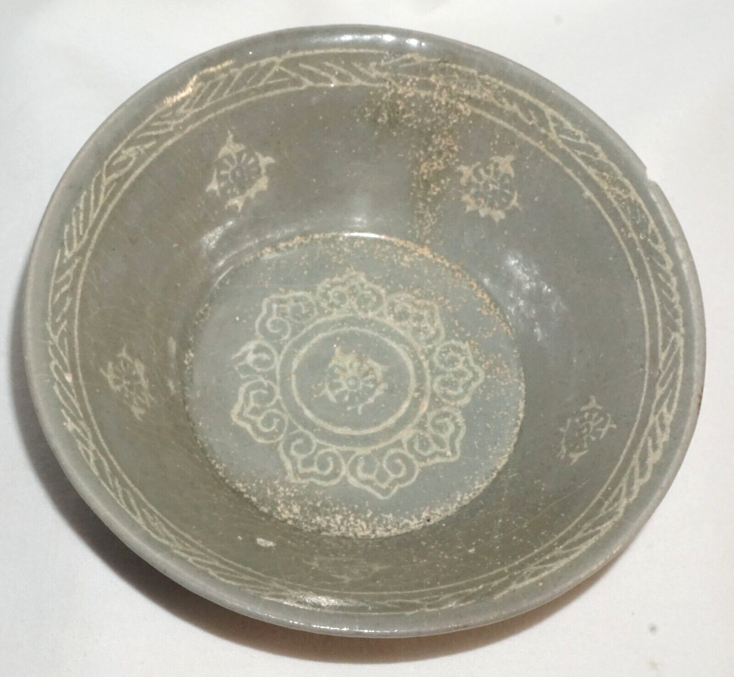 14C Korean Koryo Inlaid Pottery Bowl Celadon Glazed w. Floral Designs (JSt)1 IC