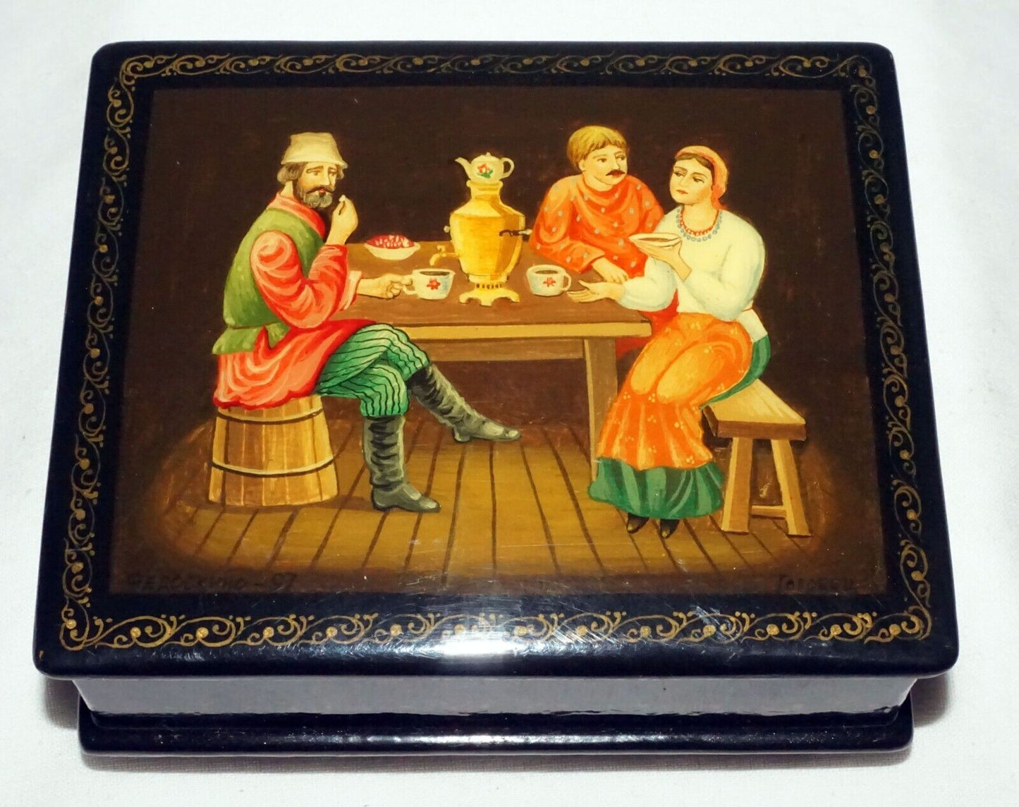 Vintage Russian Lacquer Box Three Figures Seated Around a Table signed (AHB)