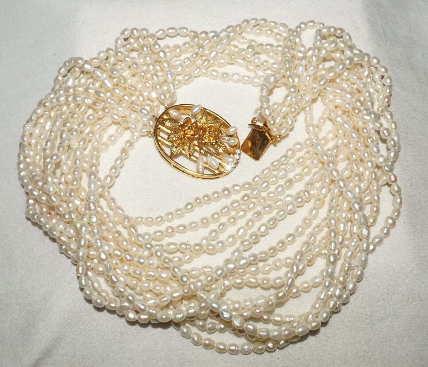 Vtg. 7x Strand Mini Baroque Pearl Necklace w. Gold Plated Floral Clasp (GoB) #20