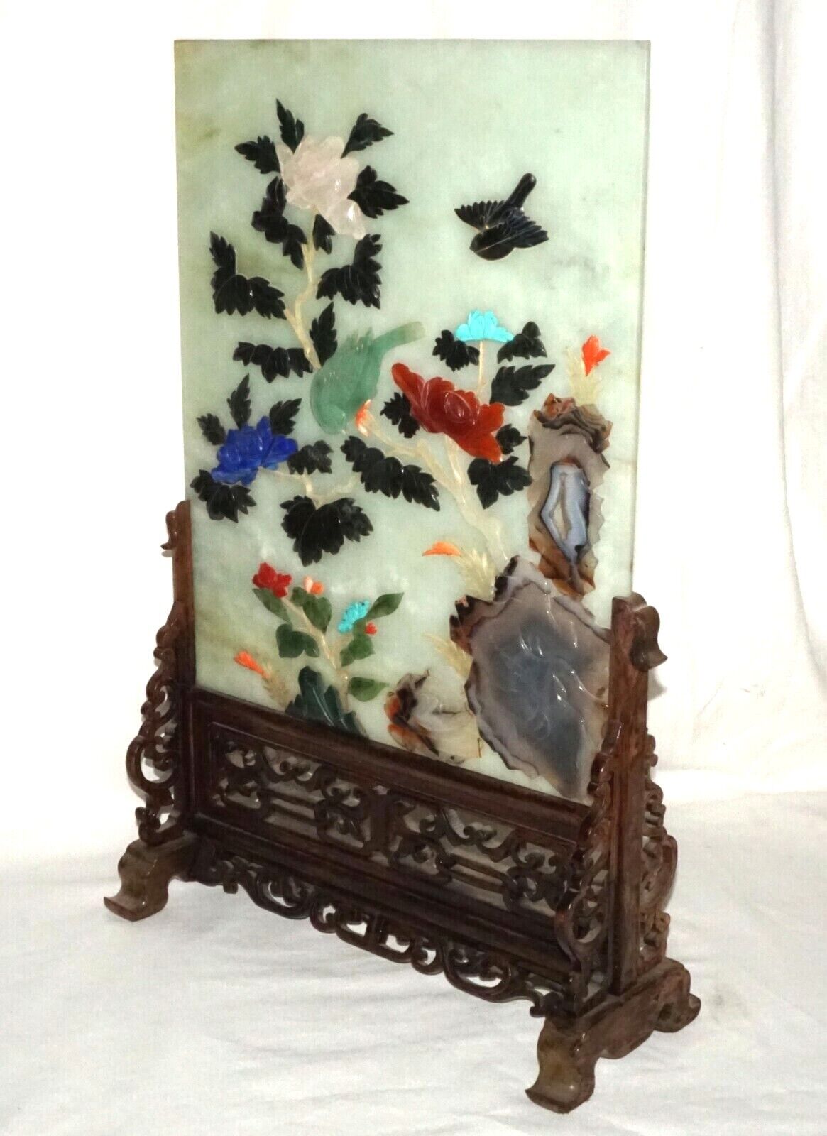 Vintage Chinese Serpentine Table Screen Gemstones Birds & Flowers on Stand (LeD)