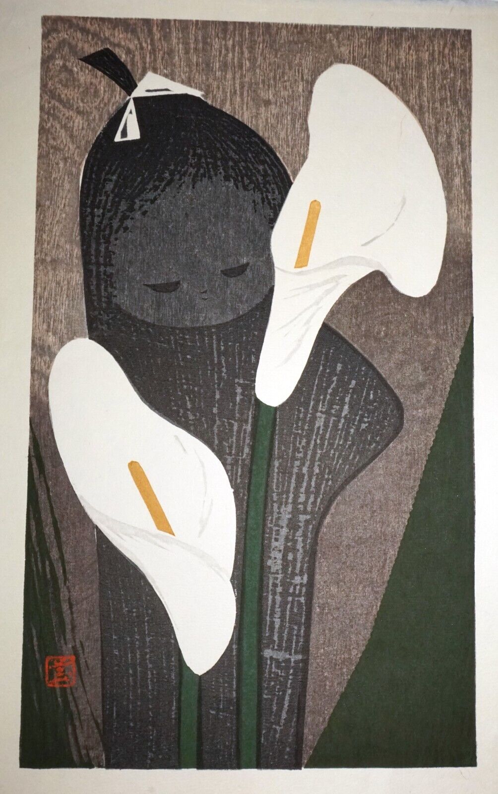 1950s Japanese Woodblock Print Girl & Anthuriums Kawano Kaoru (1916-1965)(KiL)4