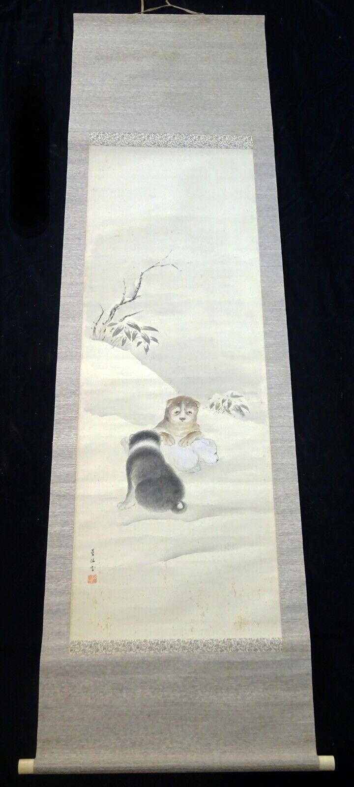 20C Japanese Showa Painting Scroll "Three Puppies in Snow" by Sosen (AHB)
