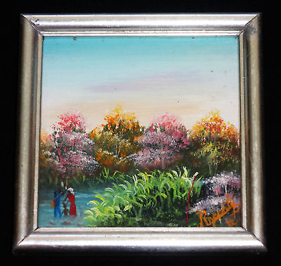 1980's Haitian Acrylic Mini Painting "River & Family"by illegible signed (Stea)