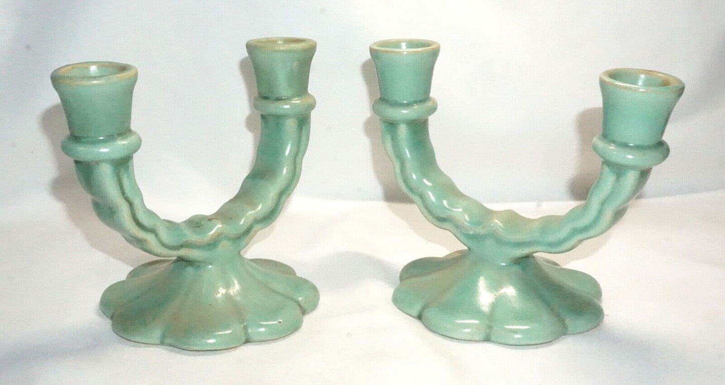 Vtg Pair Camark Pottery Light Aqua Teal Blue U-Shaped Dbl. Candleholders (NeW)