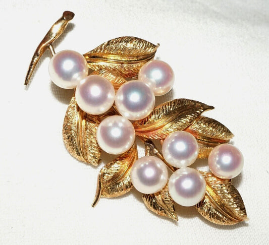 Japanese 14K Yellow Gold Brooch w. Leaf Motifs set w. 9x Pearl Accents (OdC)