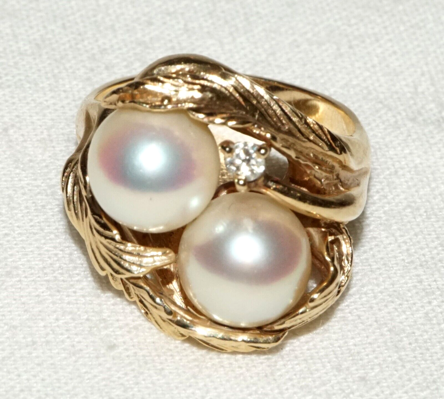 Vintage US 14k Yellow Gold Ring Sz.6.5 w. 2x Pearls & 1x Diamond Accent (FeD)