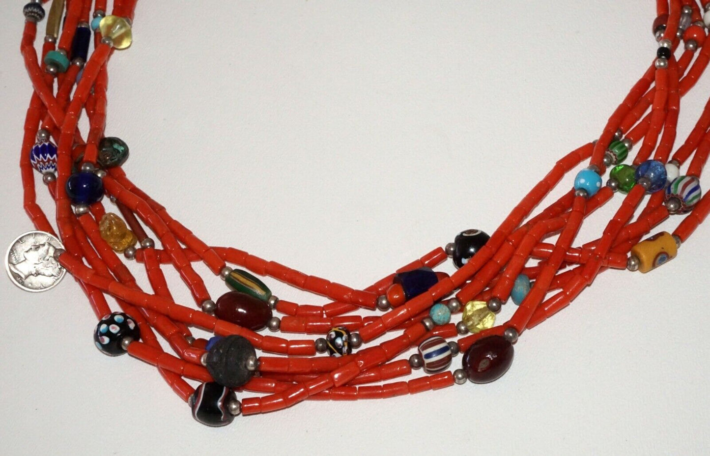 US Aboriginal Natural Fiber 8xStrand Red & Glass Trade Bead Necklace (RgR)