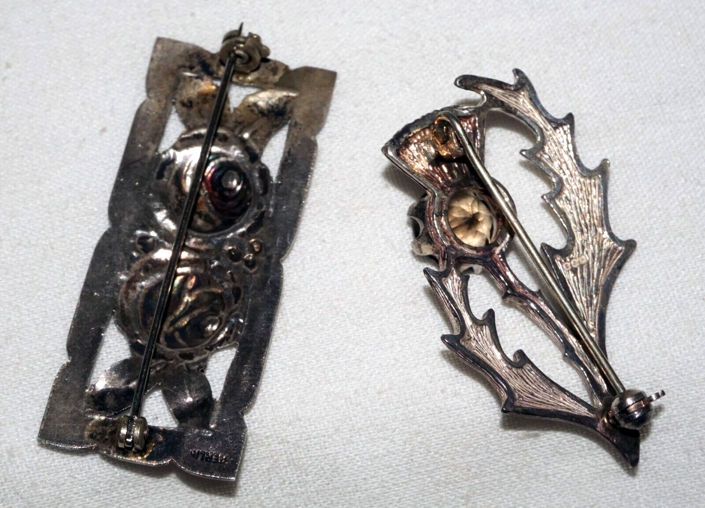 2Pc Vintage US/Scotland Sterling Silver Thistle & Quartz & Rose Brooch (KoS) L10