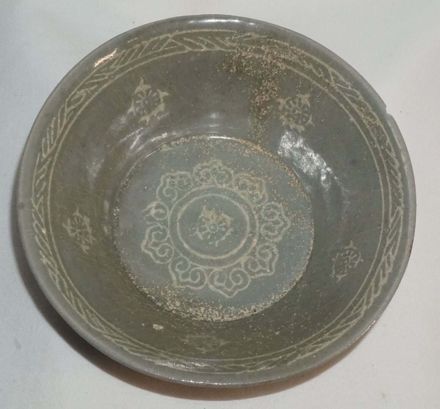 14C Korean Koryo Inlaid Pottery Bowl Celadon Glazed w. Floral Designs (JSt)1 IC