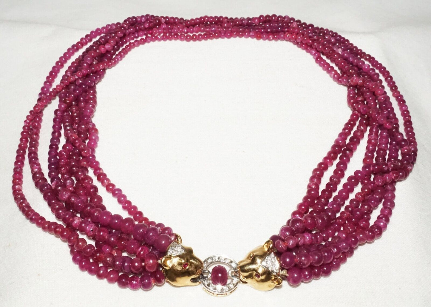 Vintage 7x Strand Ruby Bead Necklace w. 14k Y. Gold Double Leopard Clasp (LeD)