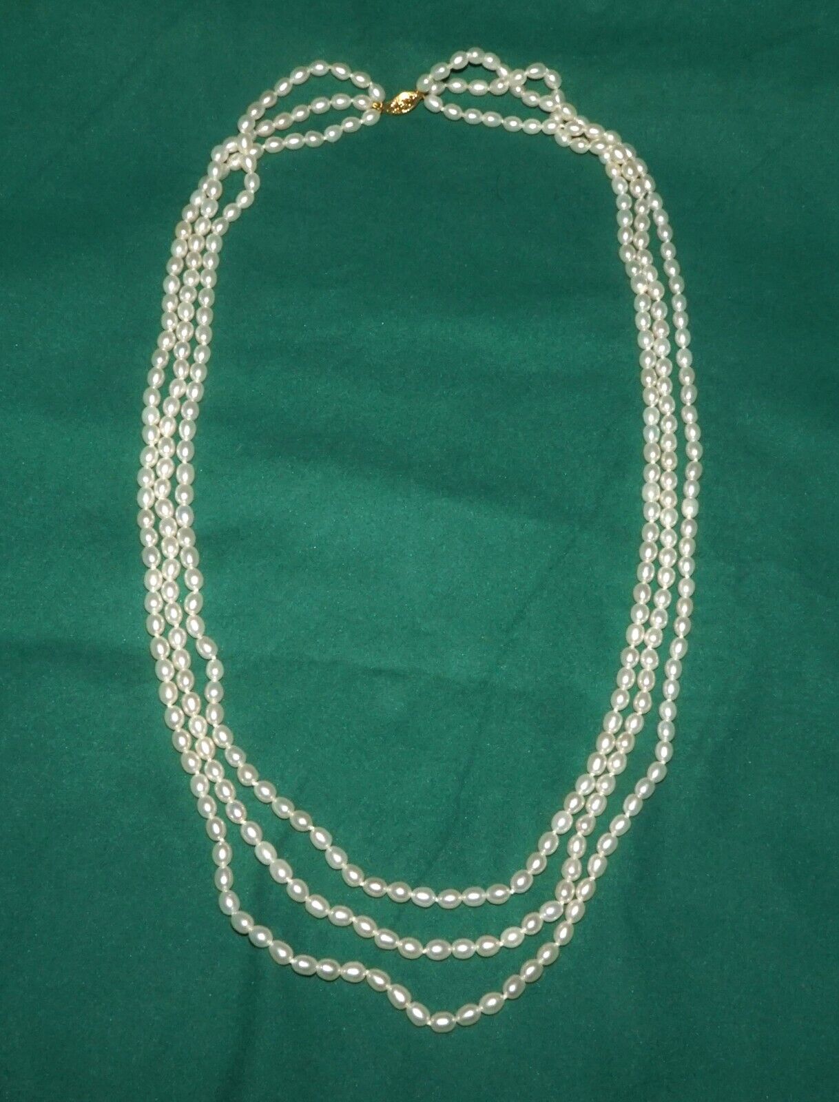 Vintage Triple Strand Oval Freshwater Pearl 26" Necklace w 18k Gold Clasp (AHB)